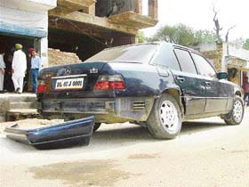 Damaged Mercedes of SAD MP Sukhbir Badal after a road mishap on the Bathinda-Faridkot road