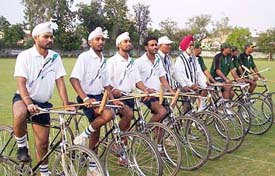 Cycle polo players of Punjab and Pakistan line up before the first match of the series at the YPS ground in Patiala on Saturday