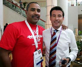 British decathlete Daley Thompson with London�s bid leader and former Olympic champion Sebastian Coe in Singapore on Monday