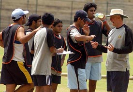 Coach Greg Chappell explains some finer nuances of the game to the Indian cricketers at the ongoing conditioning camp in Bangalore on Friday
