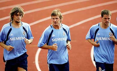 British Real Madrid players  Jonathan Woodgate, David Beckham and Michael Owen during the team�s training session near Madrid