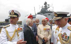 The Chief of Naval Staff, Admiral Arun Prakash, with other officers after the commissioning of the Indian Naval ship, Beas, in Kolkata on Monday.
