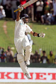 Tillakaratne Dilshan celebrates on scoring the winning runs for Sri Lanka on the fourth day of the first Test against the West Indies in Colombo on Saturday. 