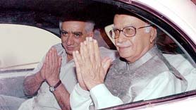 BJP Chief L.K. Advani and his party’s senior leader Jaswant Singh coming out after a meeting with RSS leaders at RSS office in New Delhi on Sunday.