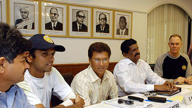 Greg Chappell, BCCI Secretary S.K. Nair, Selection Committee Chairman Kiran More and Rahul Dravid attend a meeting to select the Indian team in Bangalore on Monday