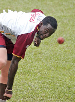 West Indies� Jermaine Lawson bowls during a training session in Kandy, Sri Lanka