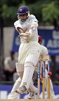 Sri Lanka�s Mahela Jayawardene plays a stroke on the second day of the second Test against the West Indies at the Asgiriya stadium in Kandy