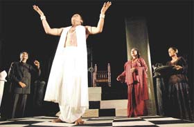 Artistes of the Little Thespian theatre group, Kolkata, perform “Shuturmurgh”, a play written by Gyandev Agnihotri and directed by S.M. Azhar Alam at the Central State Library in Patiala