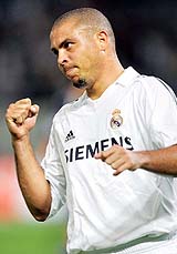 Real Madrid�s Ronaldo celebrates after scoring a goal during an exhibition soccer match against Jubilo Iwata 