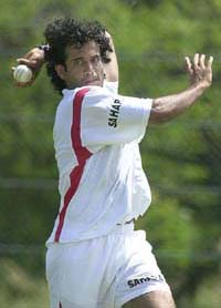 Indian pacer Irfan Pathan bowls during a practice session at Dambulla, about 140 km northeast of Colombo, on Thursday