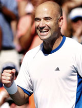 Andre Agassi of the USA celebrates after defeating Juan Ignacio Chela of Argentina in the semifinal of the Mercedes Benz Cup in Los Angeles on Saturday