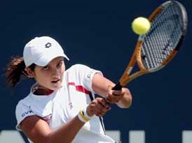 Sania Mirza hits a backhand shot against Nadia Petrova of Russia during the second round of the Acura Classic at the La Costa Resort and Spa in Carlsbad, California, on Wednesday