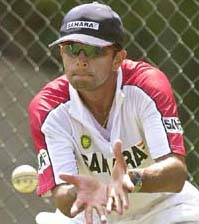 Indian captain Rahul Dravid takes a catch during a practice session in Colombo