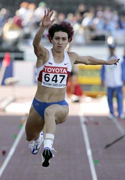 Defending world champion Tatyana Lebedeva of Russia competes in the women�s triple jump at the World Championships in Helsinki on Saturday