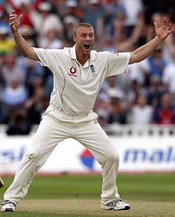 England's Andrew Flintoff appeals for the wicket of Australia's Ricky Ponting
