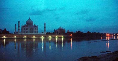 A view of the rear of the Taj Mahal after a new lighting system was adopted by placing lamp posts for better visibility in view of security concerns after the terrorist attack in Ayodhya.