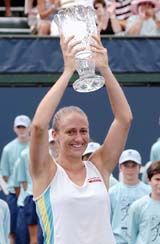 Mary Pierce raises the trophy after winning the Acura Classic at the La Costa Resort and Spa in Carlsbad, California, on Sunday