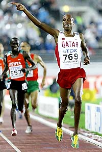 Qatar�s Saif Saaeed Shaheen crosses the finishing line to win the gold medal in the men�s 3,000 metres steeplechase at the World Athletics Championships 