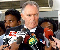 Indian cricket coach Greg Chappell talks to mediapersons on his arrival at Chennai airport on Wednesday