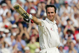 England captain Michael Vaughan raises his bat after scoring a century on the opening day of the third Test against Australia 