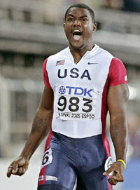 Justin Gatlin of the USA rejoices after winning the men�s 200 metres final at the World Athletics Championships in Helsinki on Thursday