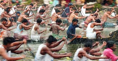 Oarsmen row their boats during the Nehru boat race in Alleppy