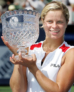 Belgium�s Kim Clijsters holds up the trophy after defeating Slovakia�s Daniela Hantuchova in the final of the Los Angeles Open in Carson, California