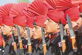 Jammu and Kashmir Light Infantry recruits during the passing-out parade in Srinagar on Thursday. As many as 246 cadets were inducted into the regiment