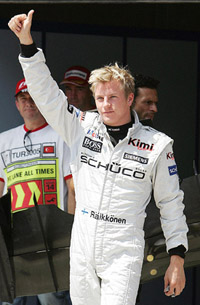 McLaren Formula One driver Kimi Raikkonen of Finland gestures after clocking the fastest time during the qualifying round at the Istanbul Park race track on Saturday. Raikkonen took pole position for Sunday�s inaugural Turkish Grand Prix.