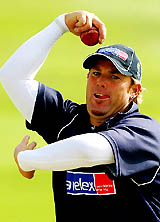 Shane Warne of Australia bowls during practice at Trent Bridge in Nottingham on Tuesday
