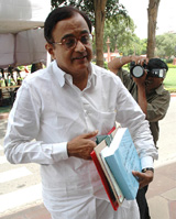 Union Minister for Finance P. Chidambaram on his way to Parliament to present the "outcome budget, 2005-06"