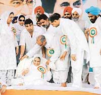 Mrs Jaswant Kaur, widow of the late CM Beant Singh, being honoured at Payal on Wednesday.