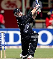 New Zealand�s Scott Styris plays a shot during their tri-series one-day international against Zimbabwe