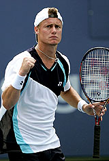Lleyton Hewitt of Australia celebrates his win over Albert Costa of Spain in the first round of the US Open in New York on Wednesday