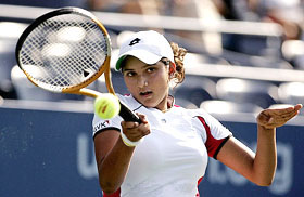 Sania Mirza hits a shot during her second-round match against Maria Elena Camerin of Italy at the US Open in New York on Wednesday