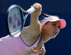 Czech Republic�s Nicole Vaidisova serves to Croatia�s Ivana Lisjak during their third-round match at the US Open in New York on Friday