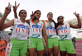 Rajwinder Kaur, Chitra K. Soman, Manjit Kaur and Geetha Sati celebrate after winning the women's 4x400m relay gold at the 16th Asian Athletics Championships in Incheon