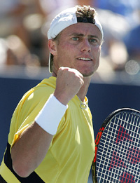 Lleyton Hewitt of Australia celebrates a point against Dominik Hrbaty of Slovakia