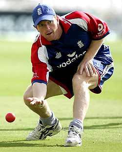 England's Paul Collingwood fields during a practice session at The Oval in London on Wednesday