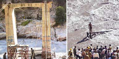 The Bailey bridge on the Sutlej which collapsed at Kharo in Reckong Peo in Kinnaur on Thursday, and (right) the remains of the bridge after its collapse