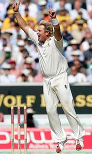 Australia�s Shane Warne celebrates after dismissing England captain Michael Vaughan during the first day of the fifth Ashes Test at the Oval on Thursday. 