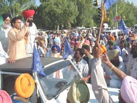 Dalit Sena general secretary Gyan Chand Gautam addresses activists during a protest in Bathinda on Thursday.