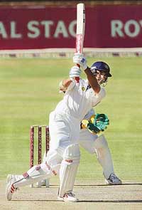 Indian captain Sourav Ganguly plays a shot on the third day of the first Test against Zimbabwe in Bulawayo on Thursday