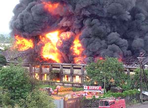 A huge pall of smoke is seen after a major fire broke out on Monday morning at a plastic godown located between Achud and Kalamboli villages in Navi Mumbai.