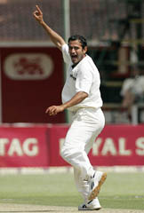 Irfan Pathan appeals for the dismissal of Zimbabwe�s Blessing Mahwire on the first day of the second Test in Harare on Tuesday