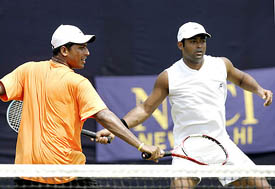 Leander Paes and Mahesh Bhupathi during a practice session in New Delhi on Tuesday. India will take on Sweden in their Davis Cup World Group playoff from Friday