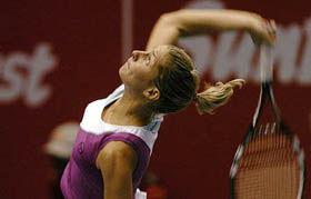 Italy�s Maria Elena Camerin prepares to play a return shot during her first-round match against against India�s Rushmi Chakravarthy at the WTA Sunfeast Open in Kolkata on Tuesday