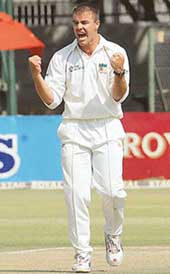 Zimbabwe�s Heath Streak reacts after dismissing India�s Yuvraj Singh on the second day of the second Test in Harare on Wednesday.