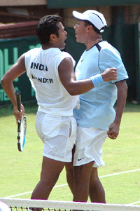 Mahesh Bhupati and Leander Paes  celebrate after winning a point in the Davis Cup doubles match against Sweden in New Delhi on Monday. India won 3-6, 6-3, 6-4, 6-3