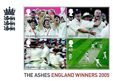 An image released, on Wednesday, by Britain's Royal Mail of the four stamps that will go on sale next week to celebrate the England cricket team's recent Ashes victory over Australia